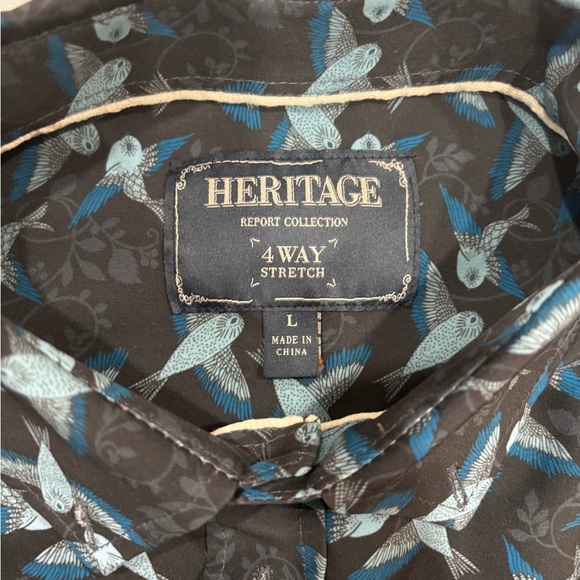 Heritage | Men's Black/Blue Bird Patterned Shirt | Casual Button-Up | Large - Picture 2 of 4
